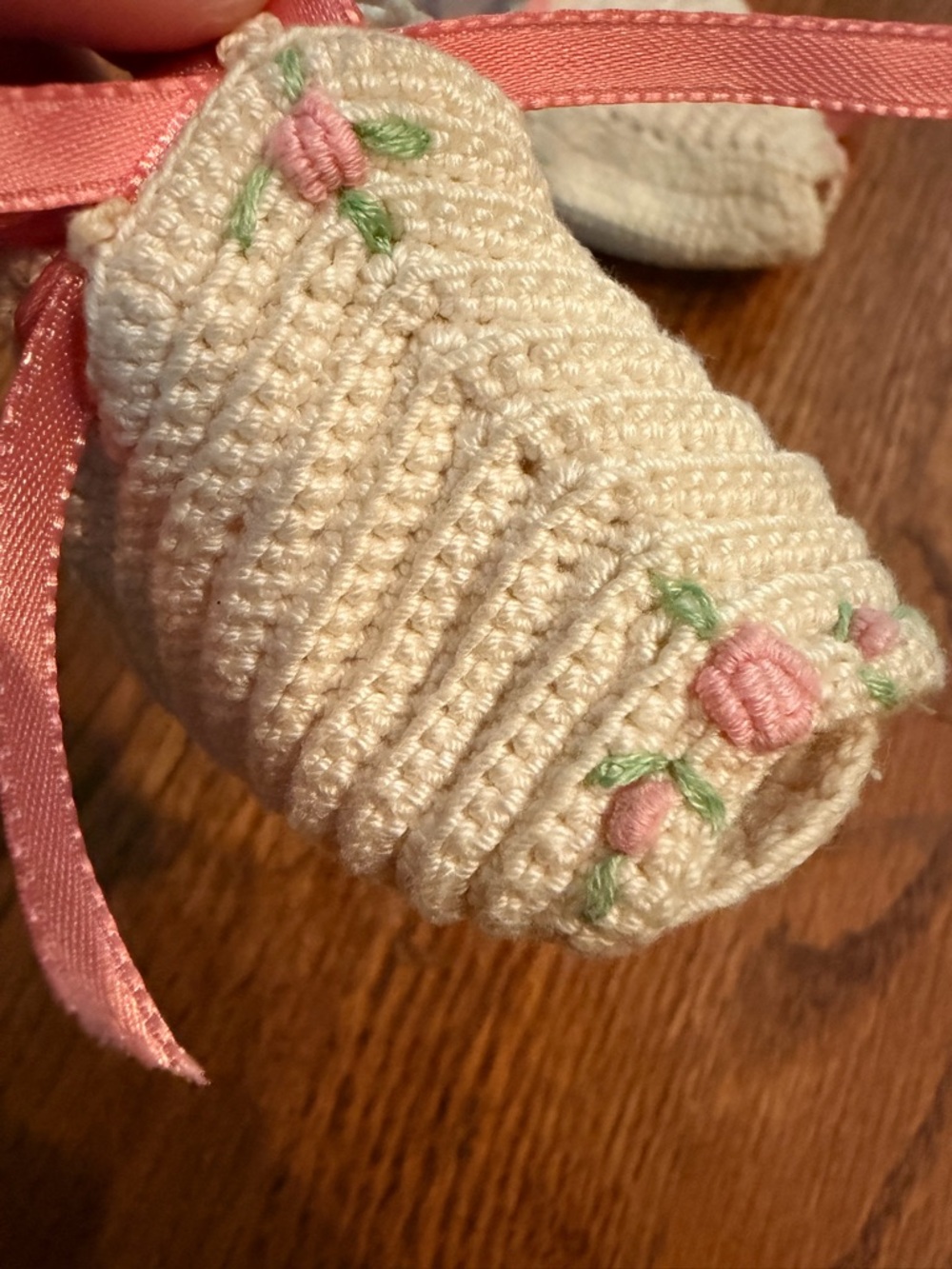 Handmade Cream Baby Booties with Pink Ribbon - Picture 6 of 6